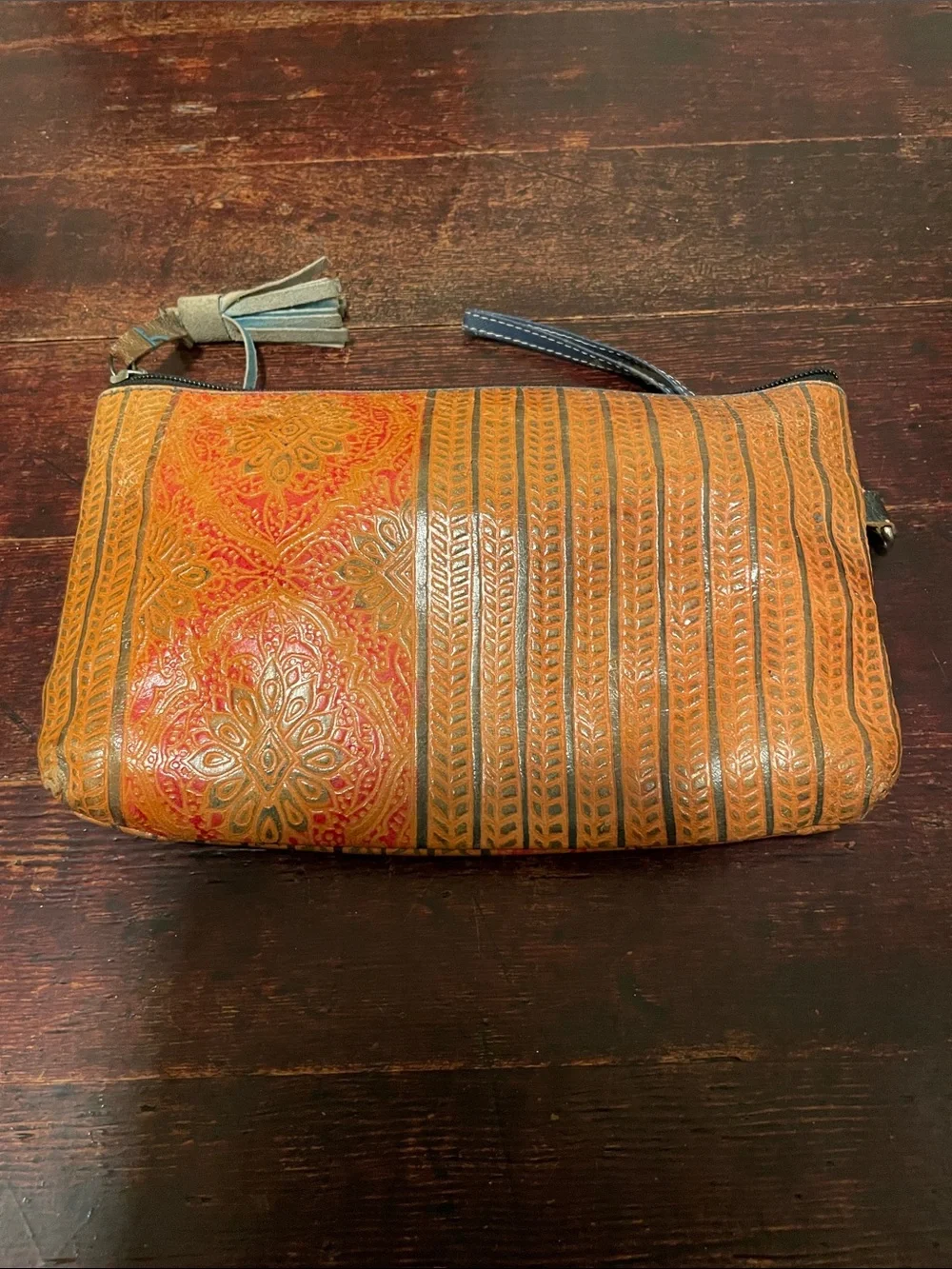 Tan and Red Patterned Wristlet Clutch